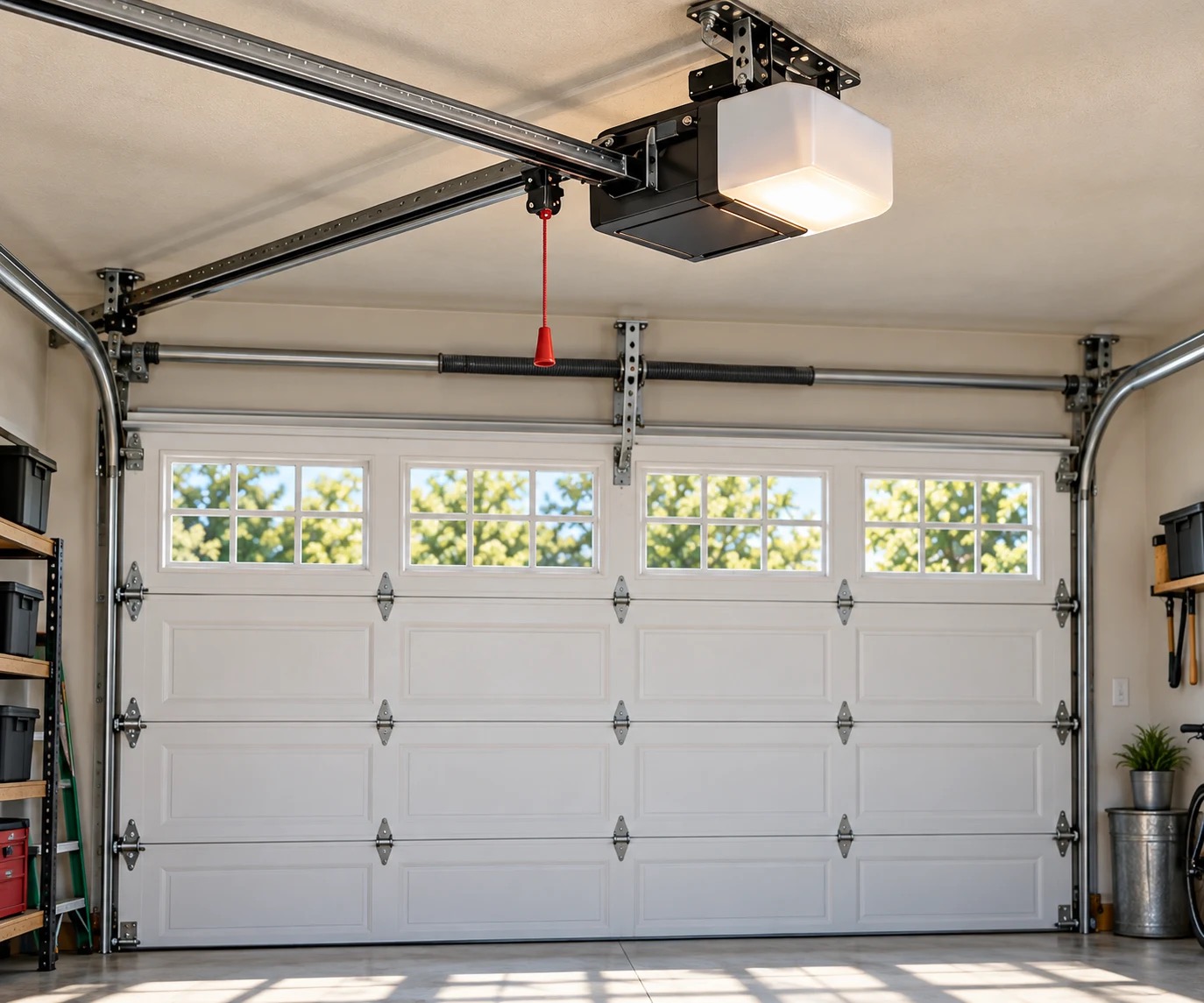 Illustrative garage door opener and overhead tracks inside a garage
