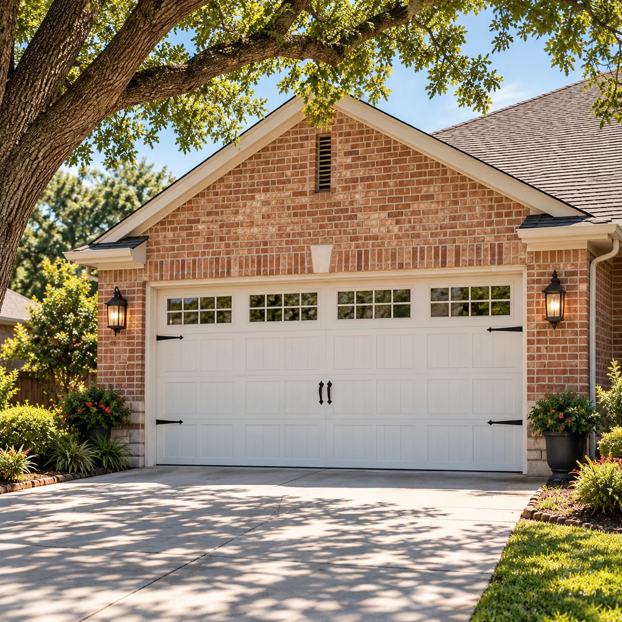 Illustrative brick home with a white carriage-style garage door and shaded front yard