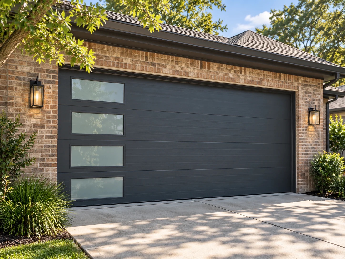 Illustrative charcoal contemporary garage door with narrow windows