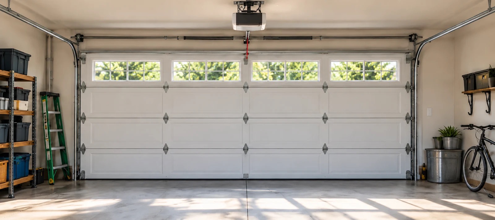 Illustrative garage interior with a paneled door and upper windows